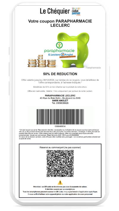 coupon de réduction reducavenue dans téléphone avec code-barres et QR code